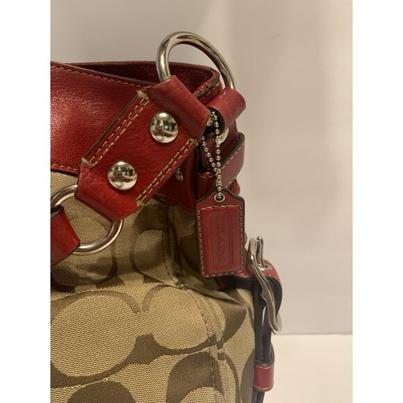 COACH Zoe Signature Monogram Jacquard Hobo Shoulder Bag - Red Leather Trim - Picture 3 of 10
